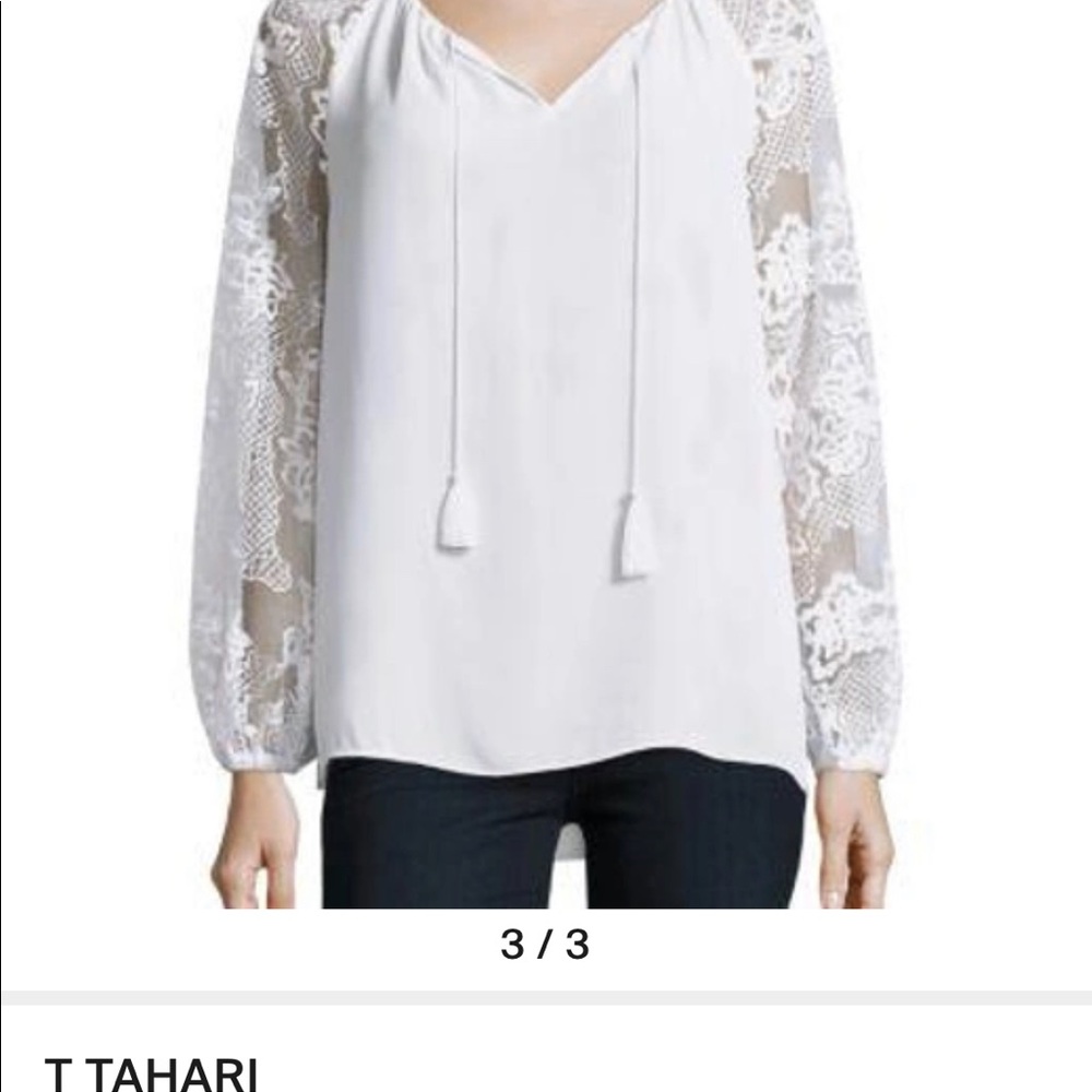 Tahari Esmerelda Antique Tie Open Neck Lace Sleeve Blouse Sz M